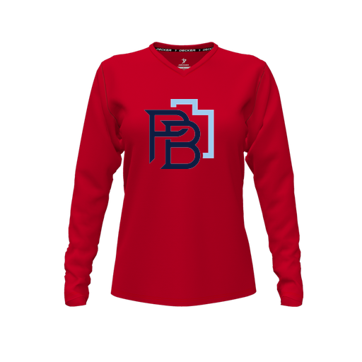 [CUS-DFW-TEES-CMF-VNK-LSL-RED-FYXS-LOGO1] Decker Comfort T-Shirt (Female Youth XS, Red, V Neck, Logo 1, Long Sleeve)